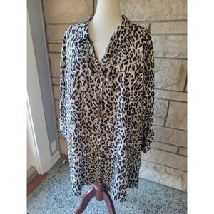 Maggie Barnes 5X Leopard Print‎ Button Down Long Sleeve Tunic Top 34/36W